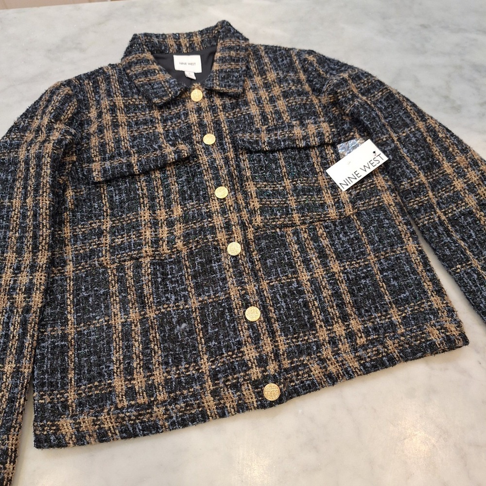 New Nine West Tweed Jacket Sz Lg Preppy Blue Plaid Gold Button Blazer Shimmer
